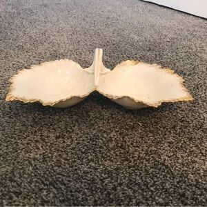 Lenox USA Divided Ivory Leaf Candy Serving Dish / Candy Bowl with Handle